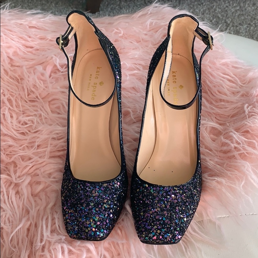 KATE SPADE Black Glitter Ankle Strap Heels
